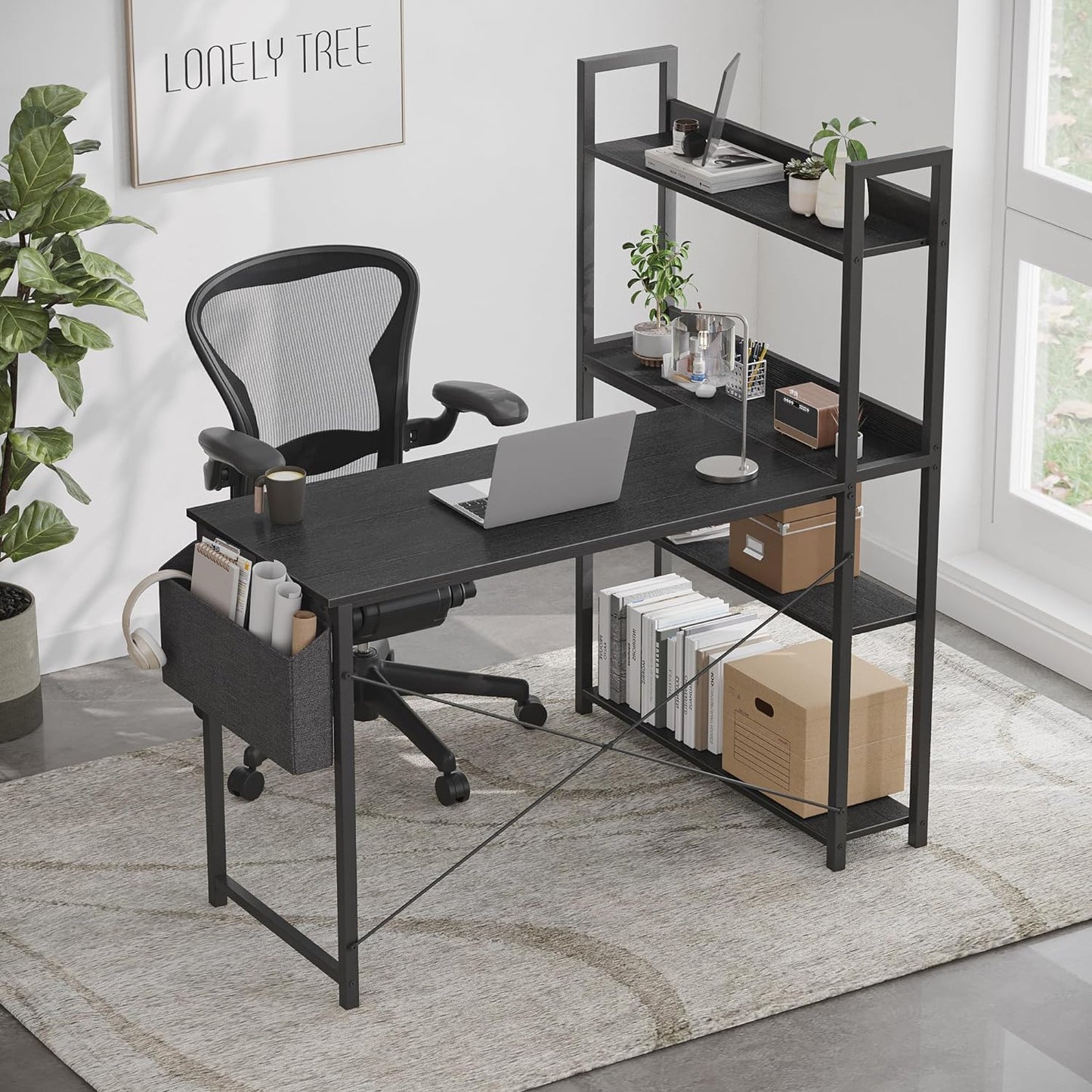 Treesland 47 Inch L-Shaped Computer Desk with Bookshelf and Storage Solutions in Black - WoodArtSupply