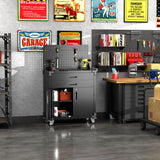 GangMei Black Tool Cart with 2 Drawer and Lockable Door,Garage Storage Cabinet on Wheels with Pegboard and 4 Hooks,Industrial Service Utility Tool Cart for Mechanics, Garage, Workshop GangMei
