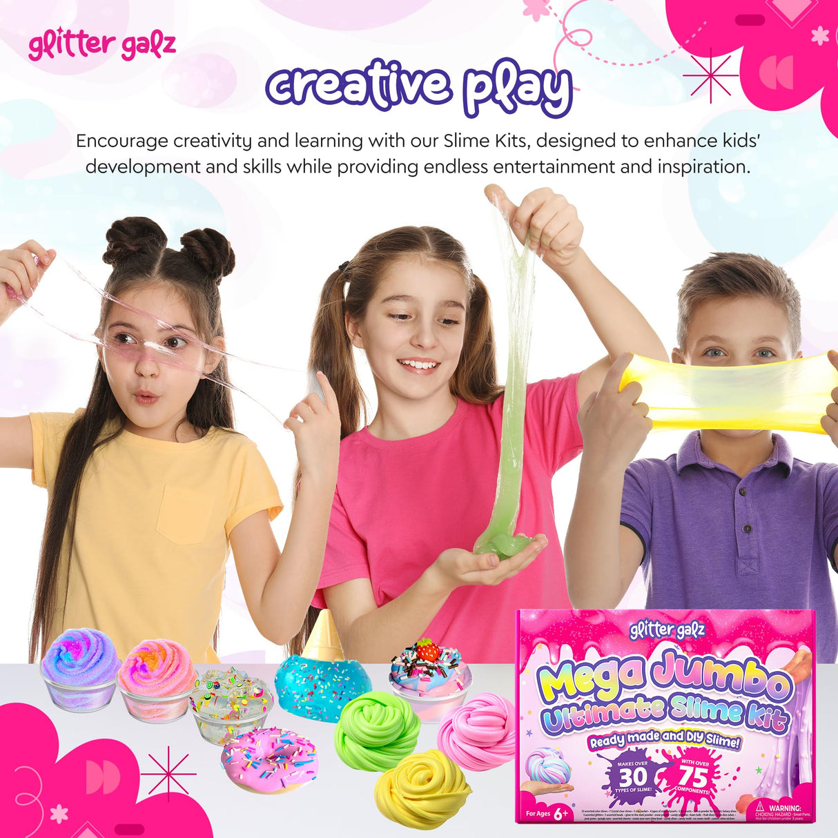 75-Pc Jumbo Mega Birthday Party Slime Favors Kit for Girls Ages 6 7 8 9 10, 11 and 12-30 DIY Slime Kit Soft, Color Slime Gels, Clear, Butter, Glitter, Crunchy, and Glow in Dark Slime Making Kits Glitter Galz