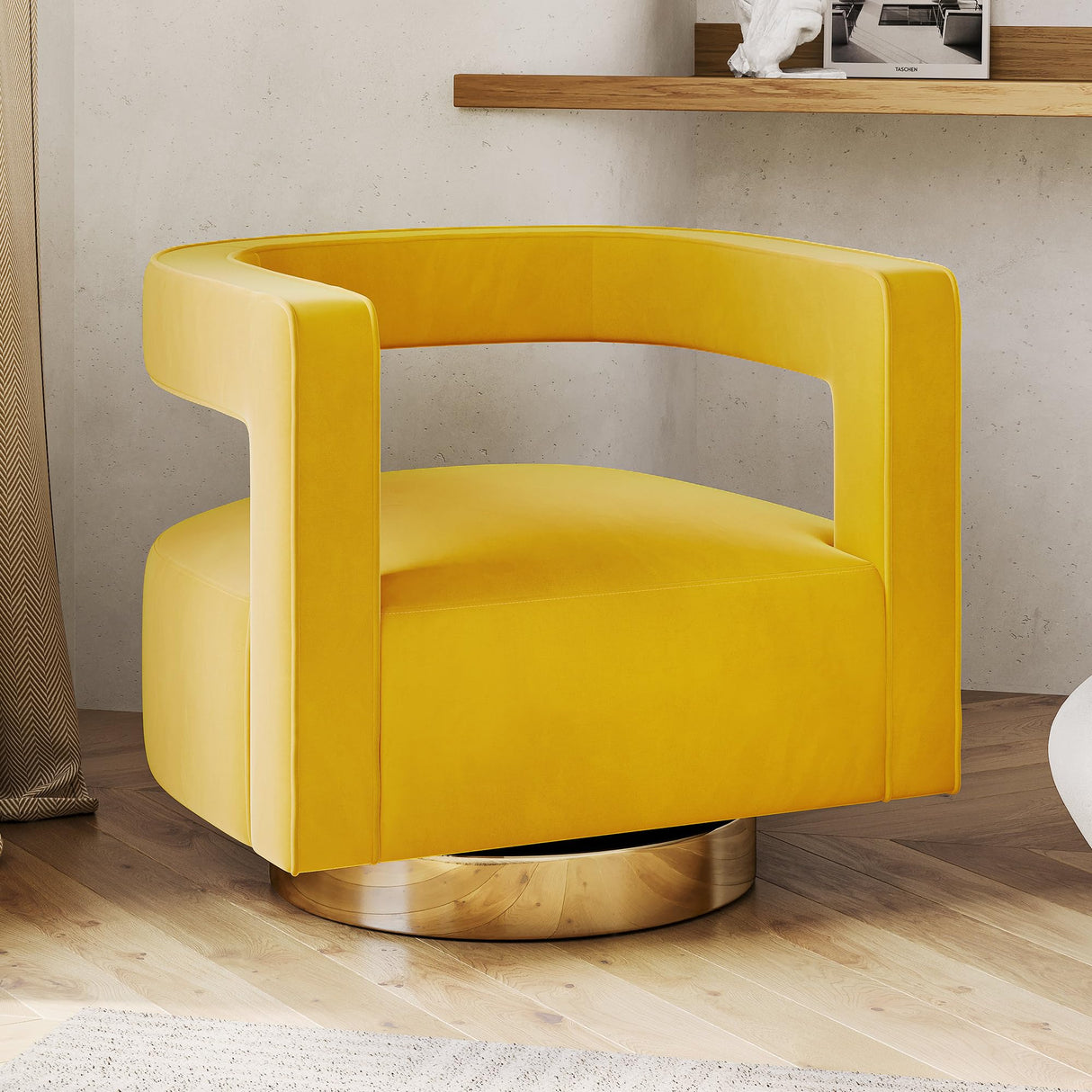 BELLEZE Swivel Barrel Accent Chair Set of 2, Modern Upholstered Arm Comfy Velvet Curved Back Round Chair with Gold Base Wood Frame, 360 Degree for Living Room Bedroom Office,Yellow BELLEZE