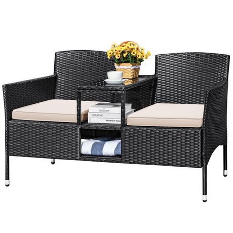 Devoko Outdoor Patio Loveseat Modern Rattan 2-Seat Patio Conversation Set with Cushions & Built-in Coffee Table Porch Furniture for Garden Lawn Backyard (Beige) Devoko