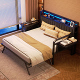 Daybed with Trundle and LED Light, Heavy Duty Metal Twin Bed Frame with Upholstered Storage Headboard & Charging Station, Day Bed Pop Up Trundle Bed Twin for Living Room,Bedroom and Guest Room (Black) Jocoevol