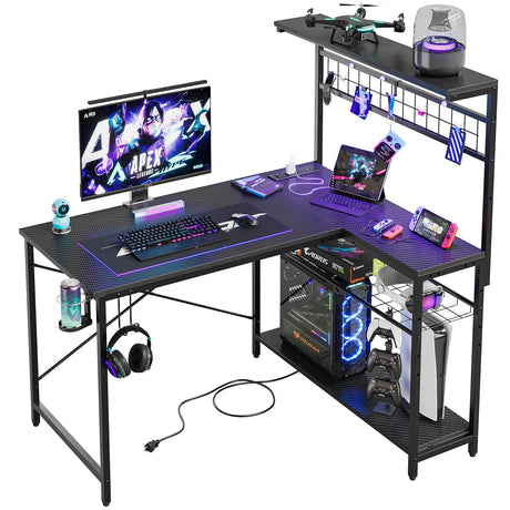 Bestier Gaming Desk with Power Outlets,42 Computer Desk with LED Lights, Reversible Corner Desk with 4-Tier Shelves,Cup Holder & Hook for Home Office,Carbon Fiber Black Bestier