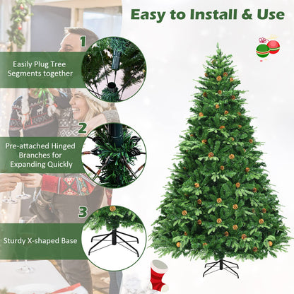 Goplus 8FT Pre-Lit Christmas Tree, Artificial Spruce Hinged Tree w/ 600 LED Lights and Pine Cones, Xmas Tree for Indoor Decor