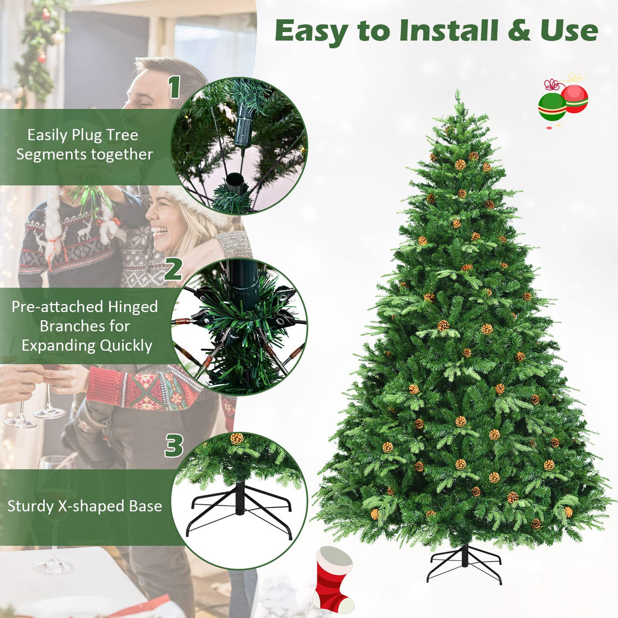 Goplus 8FT Pre-Lit Christmas Tree, Artificial Spruce Hinged Tree w/ 600 LED Lights and Pine Cones, Xmas Tree for Indoor Decor Goplus