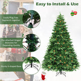 Goplus 8FT Pre-Lit Christmas Tree, Artificial Spruce Hinged Tree w/ 600 LED Lights and Pine Cones, Xmas Tree for Indoor Decor Goplus