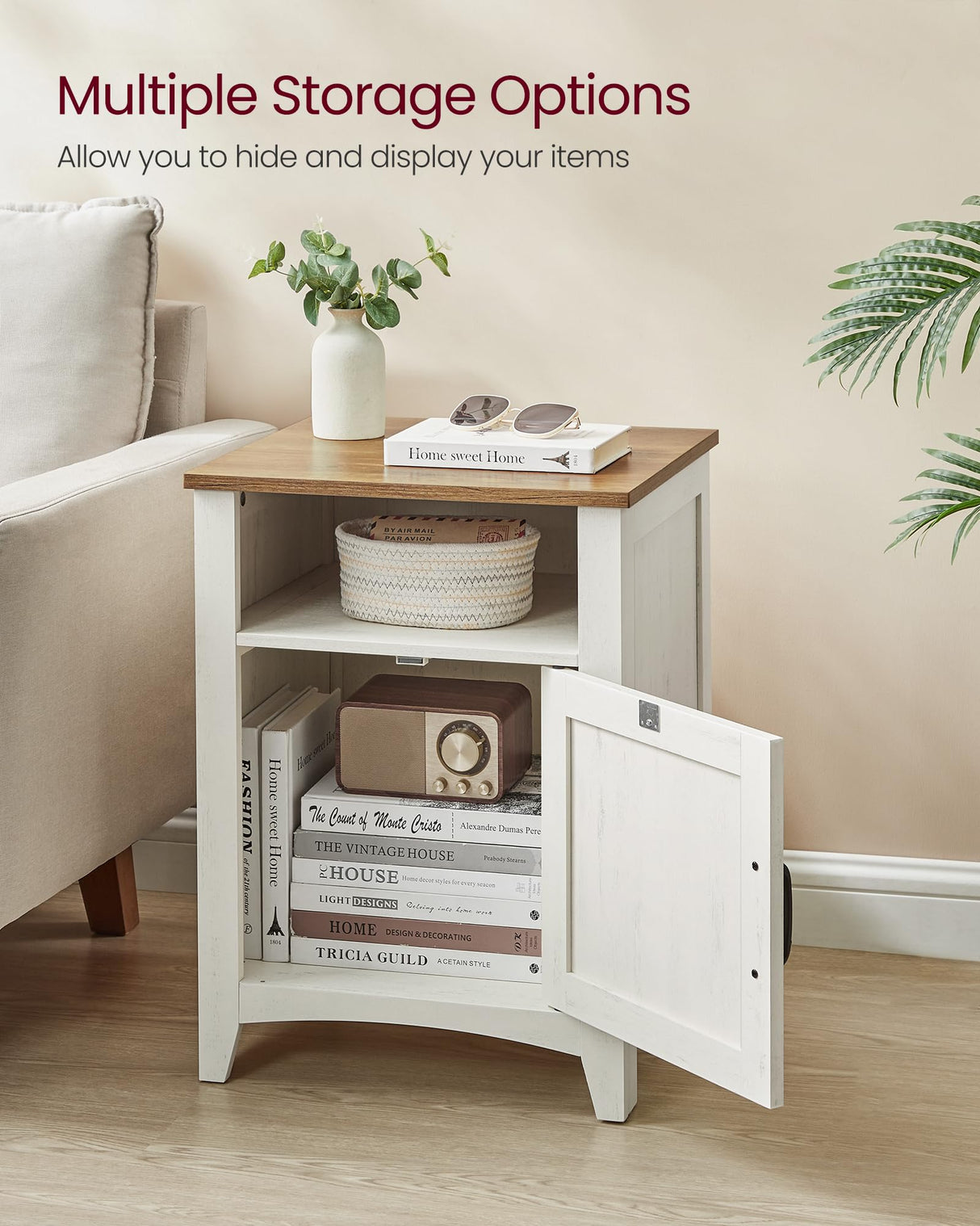 VASAGLE LIRY Collection - Farmhouse Nightstand with Barn Door, Bedside Table with Storage, Side End Table, Night Stand, Open Compartment, for Bedroom, Rustic White and Honey Brown ULET609K41 VASAGLE