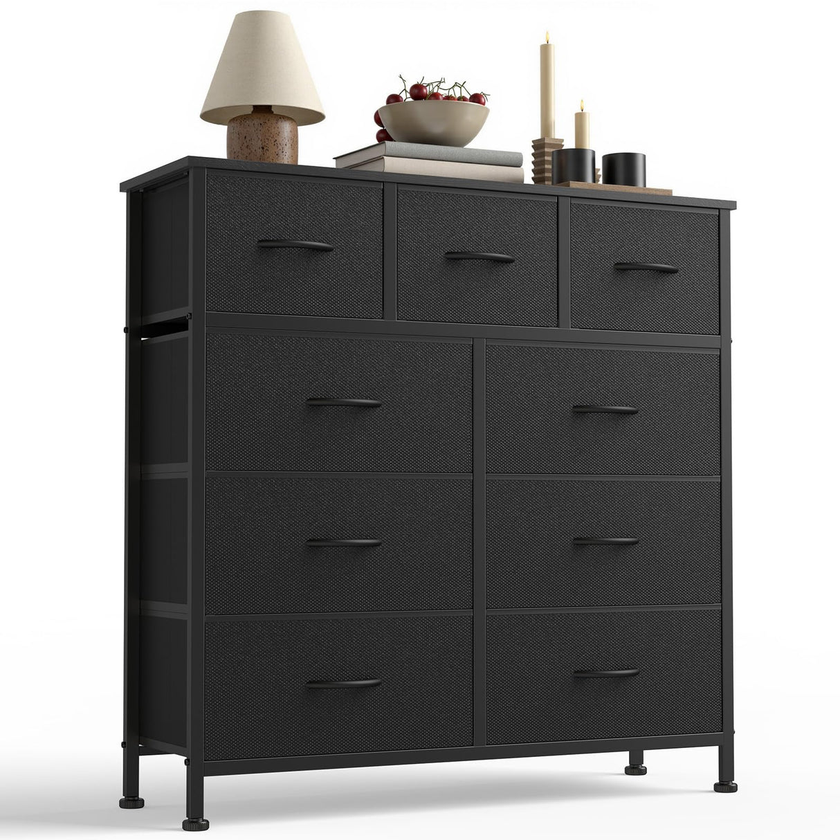 Sweetcrispy 9-Drawer Fabric Dresser Storage Tower with Wood Top and Steel Frame, Organizer Chest with Easy Pull Handles for Bedroom, Closet, Hallway,Classic Black Sweetcrispy