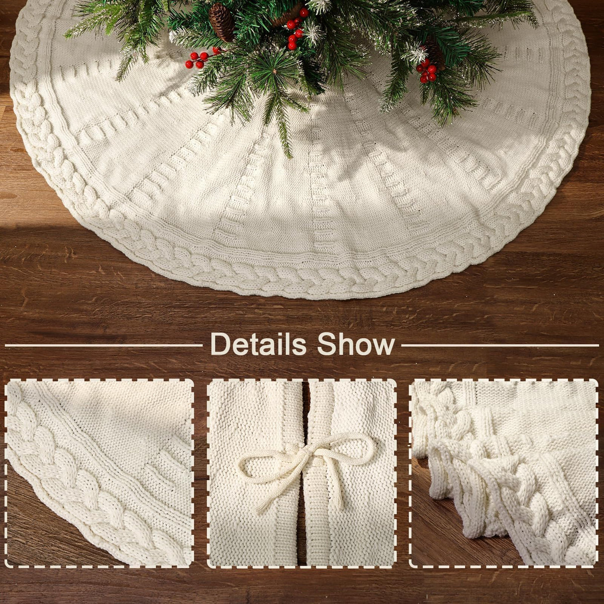 LimBridge Knitted Christmas Tree Skirt: 48 Inches Cream White Tree Skirt, Braided Cable Knit Thick Rustic Christmas Tree Decorations, Farmhouse Christmas Decor Xmas Holiday Home Party Decorations LimBridge