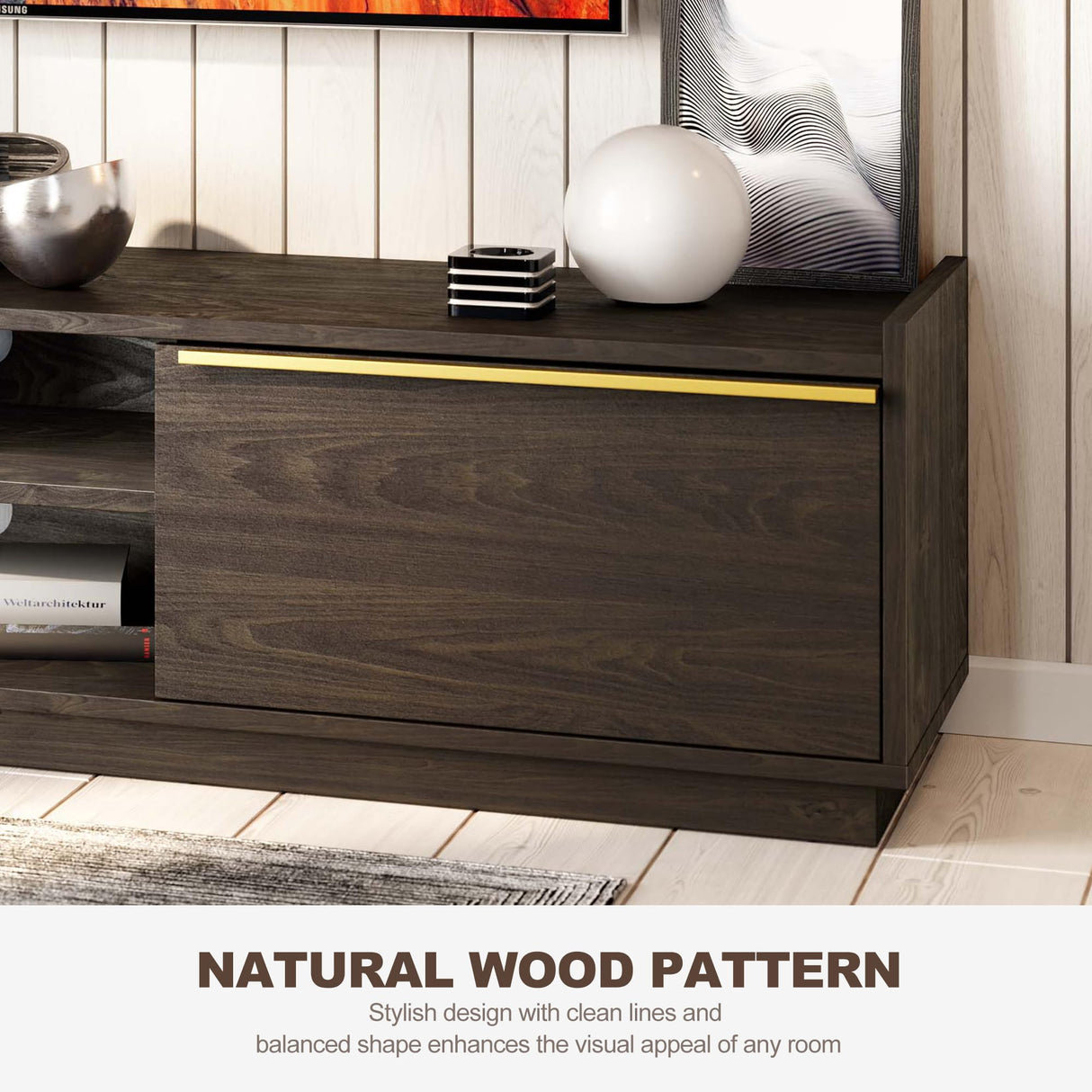 BELLEZE 69" TV Stand for TVs up to 75", Media Entertainment Center with 2-Tier Open Shelves and 2 Storage Cabinets, Wood Console Table for Living Room, Bed Room - Cayden (Brown) BELLEZE