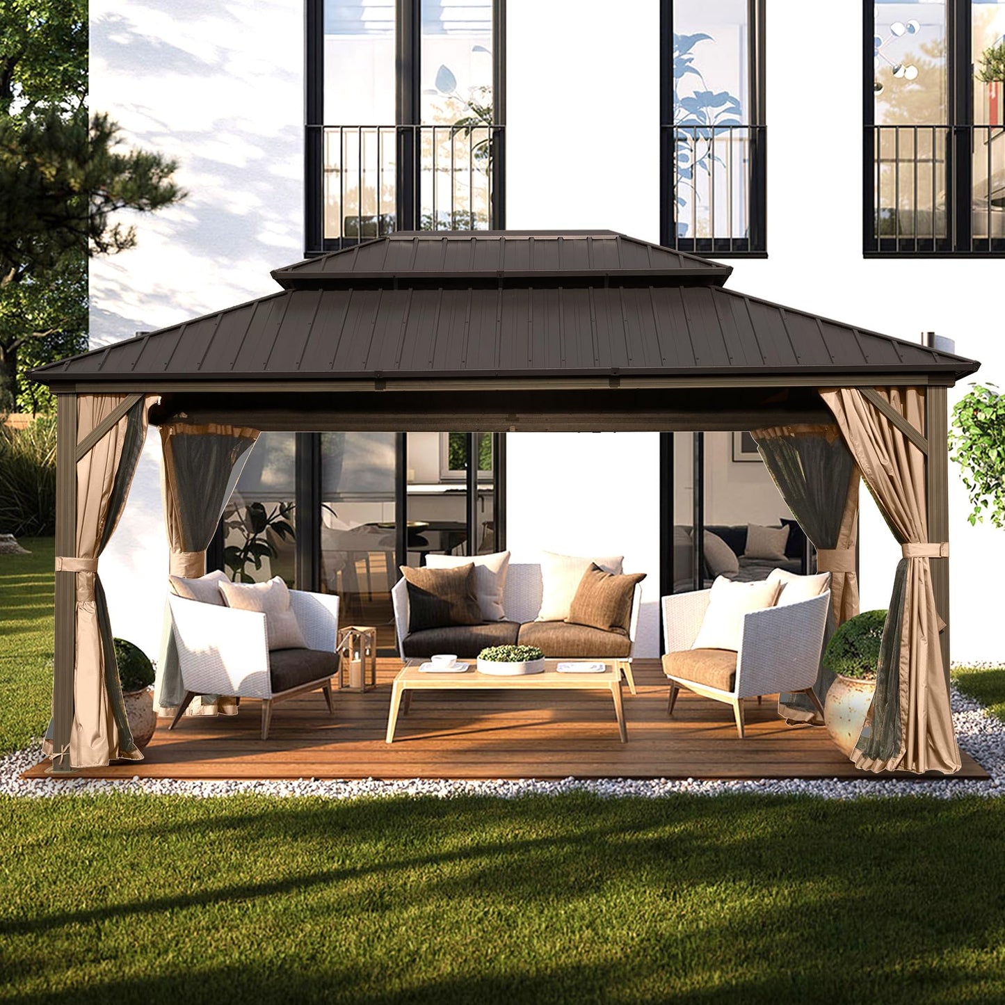 Domi 10' X 14' Hardtop Gazebo, Aluminum Metal Gazebo with Galvanized Steel Double Roof Canopy, Curtain and Netting, Permanent Gazebo Pavilion for Party, Wedding, Outdoor Dining, Brown - WoodArtSupply