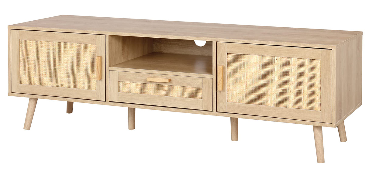 Finnhomy 59" TV Stand for up to 65 inches TV, TV console with 2 Hand Made Rattan Decorated Doors, Living Room Entertainment Center TV Table with Storage, Natural Finnhomy
