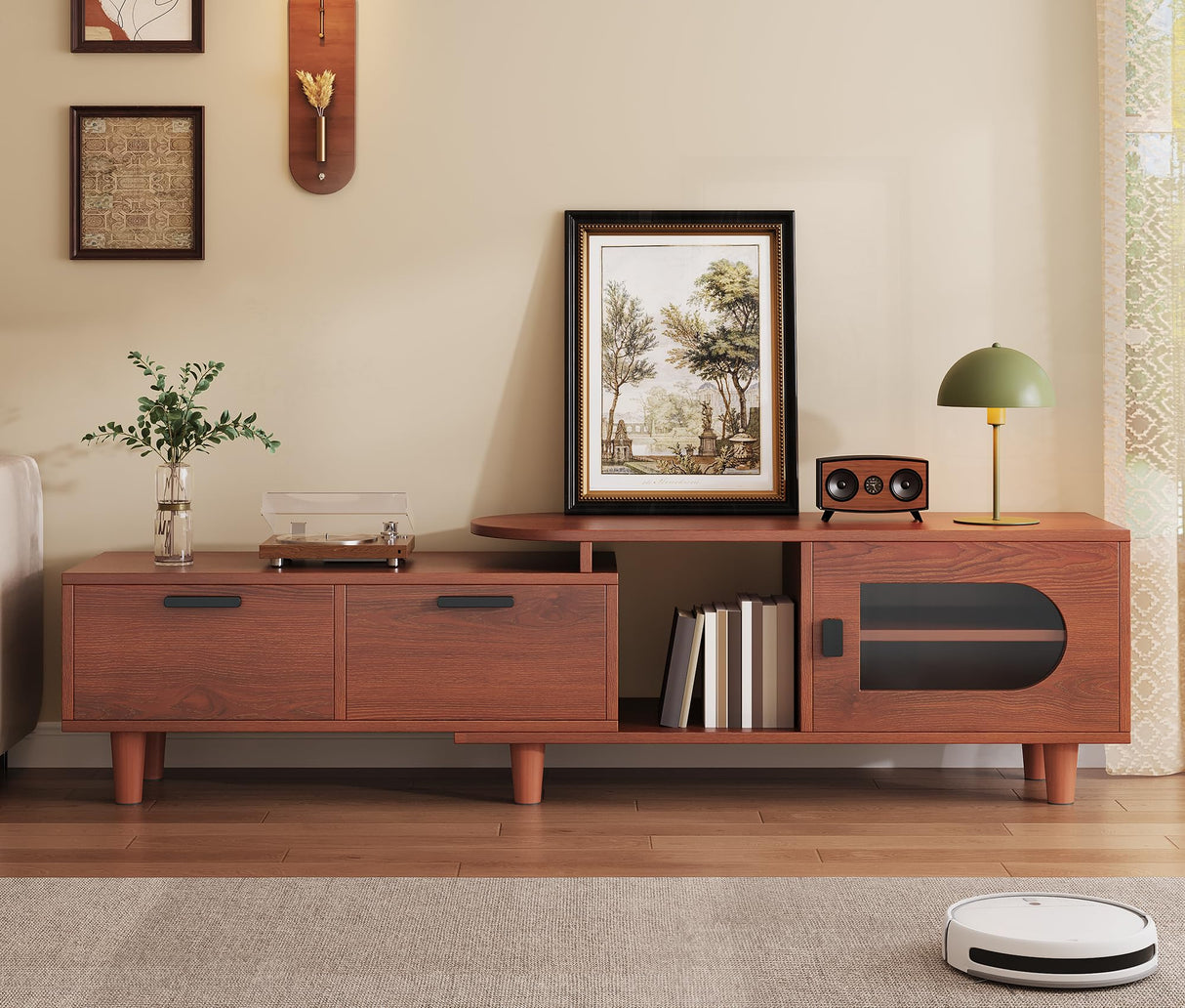 YITAHOME Extendable TV Stands with 2 Drawers & 1 Cabinet, Adjustable to Corner TV Cabinet, Modern Entertainment Center, TV Consoles for Living Room, Retractable to 64 Inches (Red Brown Walnut) YITAHOME