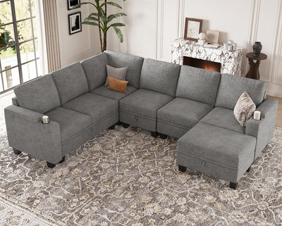 Belffin Chenille Modular Sectional Sofa Convertible L Shaped Corner Couches for Living Room with Storage Armrest with Cup Holder Light Grey Couch