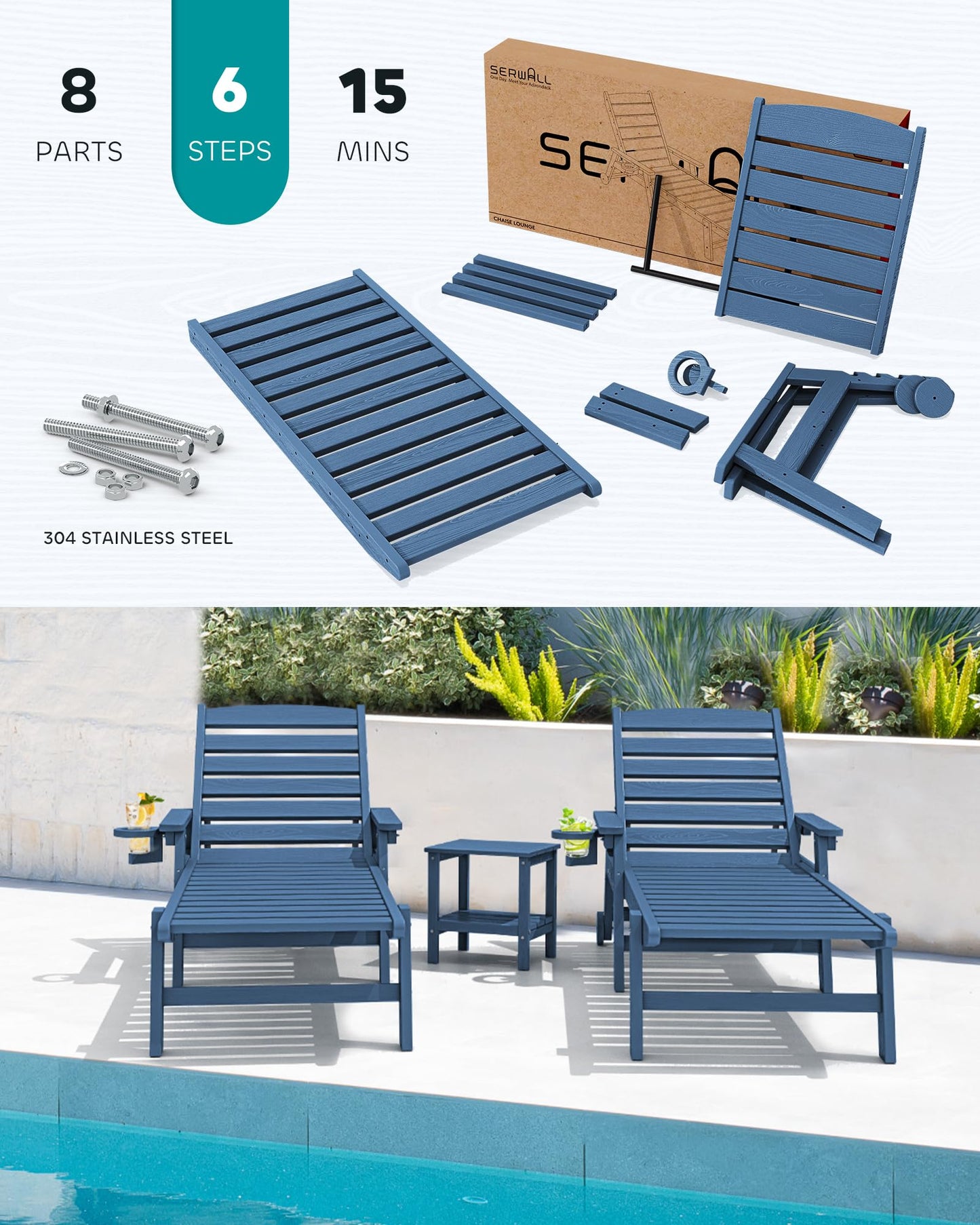 SERWALL Patio Chaise Lounge Chair Set of 2, 5 Positions Adjustable HDPE Outdoor Lounge Chair for Pool, Poly Lounge Chair with Rolling Wheels & Cup Holder for Poolside, Deck, Blue