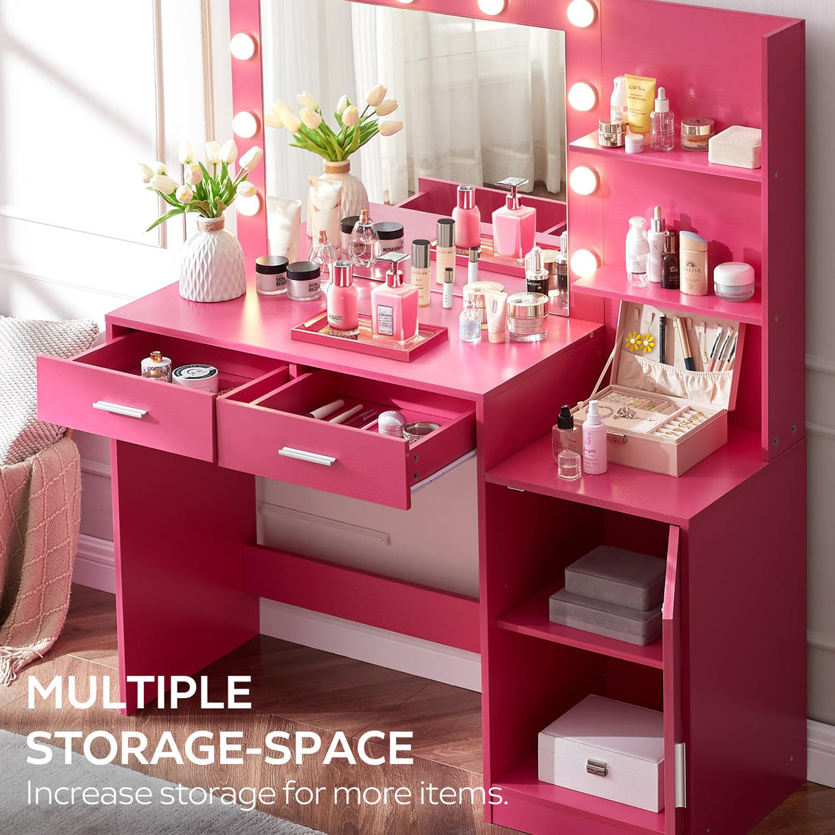 MIRROTOWEL 46.7IN Vanity Desk with Mirror and Lights, Dressing Table with 2 Large Drawer&Large Vertical Organizer, 3 Level Dresser & 3 Lighting Modes Adjustable Brightness, Suitable for Bedroom(Rose) MIRROTOWEL