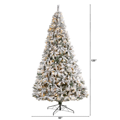 Nearly Natural 10ft. Flocked White River Mountain Pine Artificial Christmas Tree with Pinecones and 800 Clear LED Lights