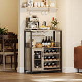 GarveeHome 3-Tier Wine Bar Cabinet with LED Lights, Detachable Wine Rack and Storage Space, Buffet Cabinet with Glass Holder and Mesh Door, for Kitchen, Living Room and Bar. Grey GarveeHome