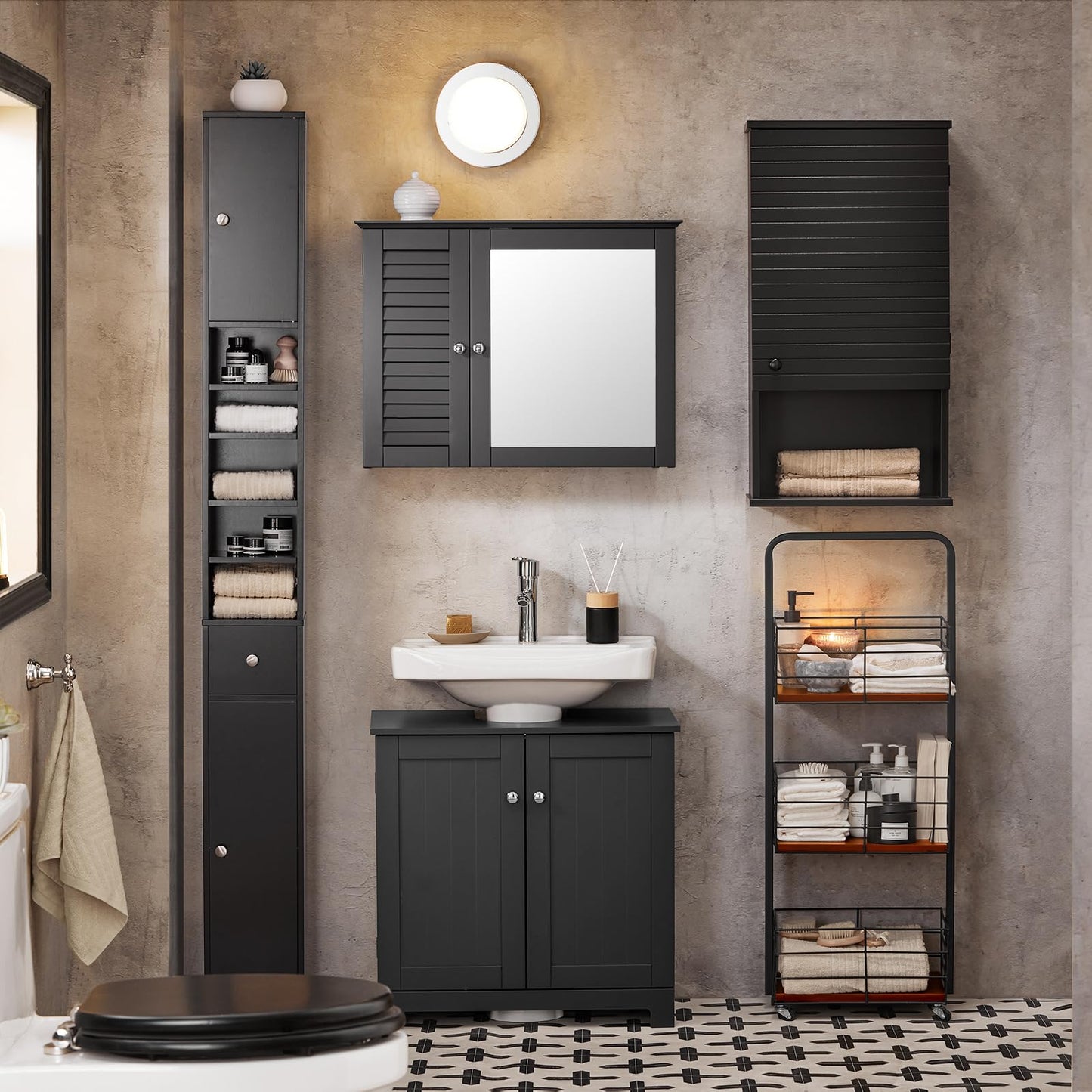 Haotian BZR34-SCH, Black Bathroom Tall Cabinet with 1 Drawer, 2 Doors and Adjustable Shelves, Bathroom Shelf, 7.87 x 7.87 x 70.87 Bathroom Tall Cabinet Cupboard - WoodArtSupply