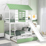 Harper & Bright Designs House Bunk Bed with Convertible Slide and Trundle, Solid Wood Bunk Bed Twin Over Twin, for Kids Girls Boys (White+Green) Harper & Bright Designs