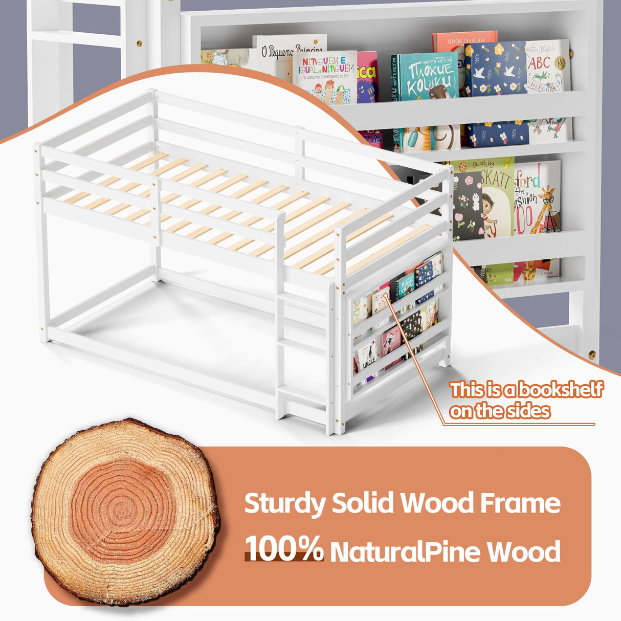 TOLEAD Low Bunk Bed Twin Over Twin, Floor Bunk Bed with Bookshelf&Ladder, Twin Bunk Bed with Full Guardrails, Wooden Bunk Bed for Juniors, Boys, Girls, Kids, Bedrooms (White) TOLEAD