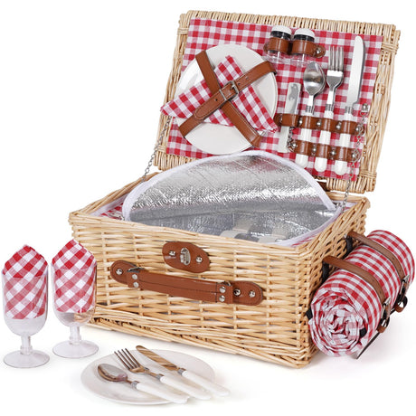 HappyPicnic Picnic Basket Set for 2 - Wicker Picnic Basket with Waterproof Blanket & Insulated Liner, Large Handmade Willow Hamper with Cutlery Kit for Outdoor, Picnic, Camping, Party, Holidays (Red) HappyPicnic
