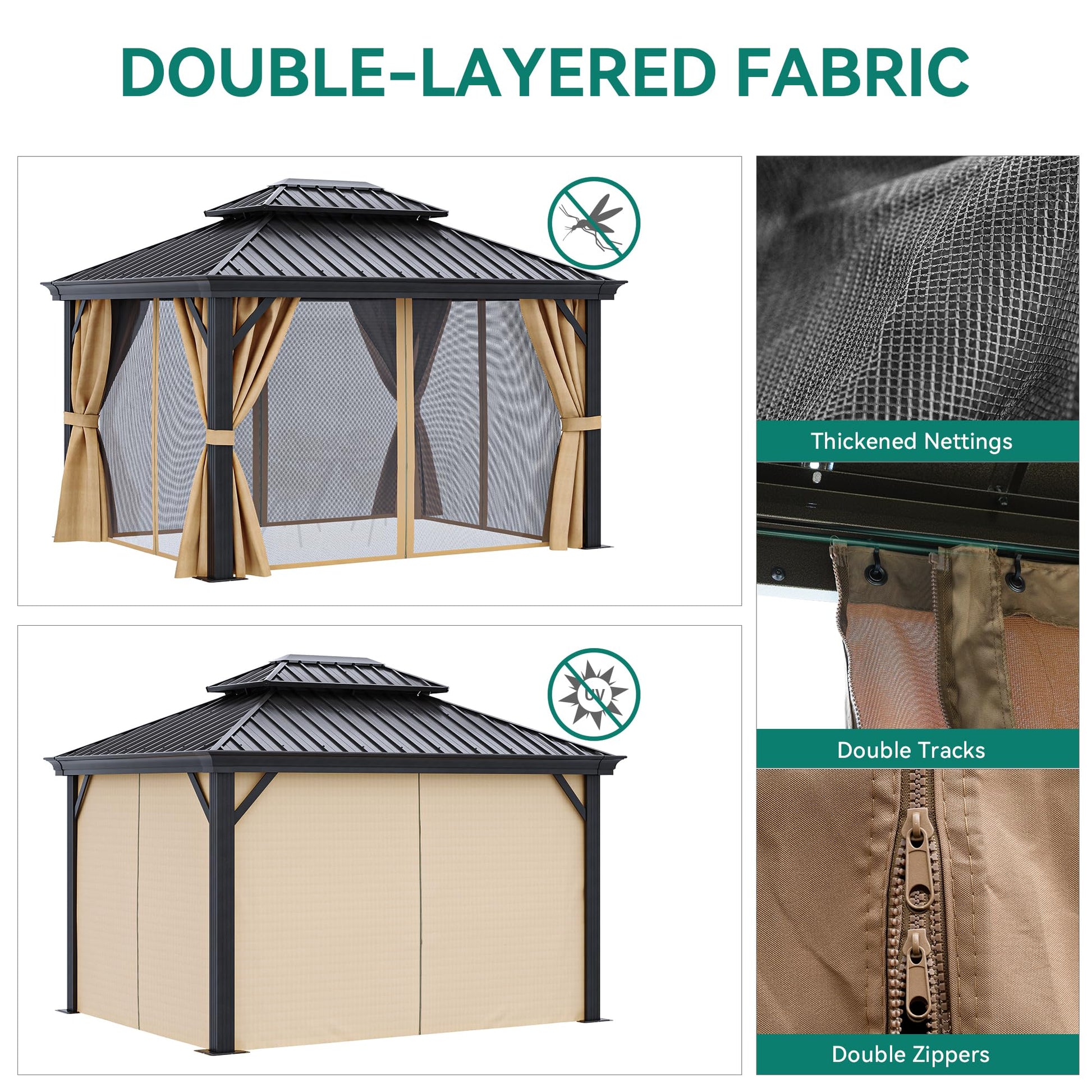 DWVO 10x12ft Hardtop Gazebo Double Roof with Nettings and Curtains, Heavy Duty Galvanized Steel Outdoor Vertical Stripes Roof for Patio, Backyard, Deck, Lawns, Brown - WoodArtSupply