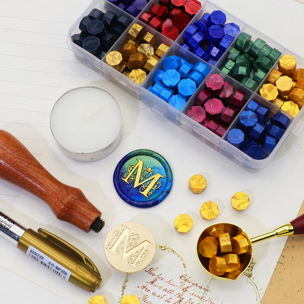 SWANGSA Initial Alphabet M Wax Seal Stamp Kit, Classic Retro Letter Sealing Stamp with 200pcs Sealing Wax Beads Kit for Wedding Invitations Cards Envelopes (M) SWANGSA