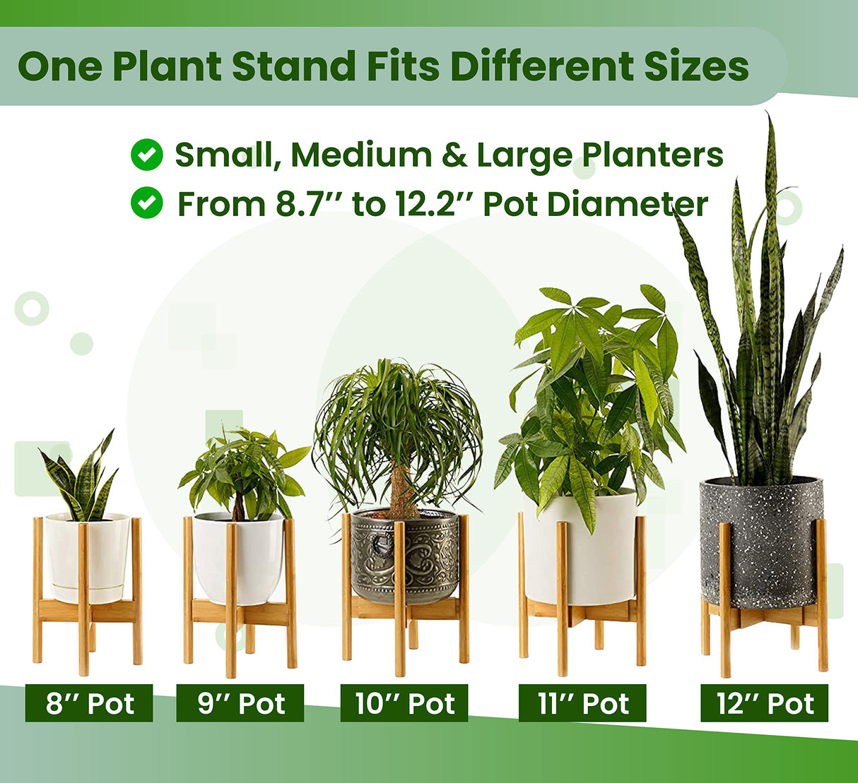 ZPirates Plant Stand for Indoor - Adjustable Sideways to fit 8 10 or 12 Inch-wide Medium-Large Planter Pots of Live and Fake Floor Plants [Leg14-inch Tall] - Bamboo Wood ZPirates