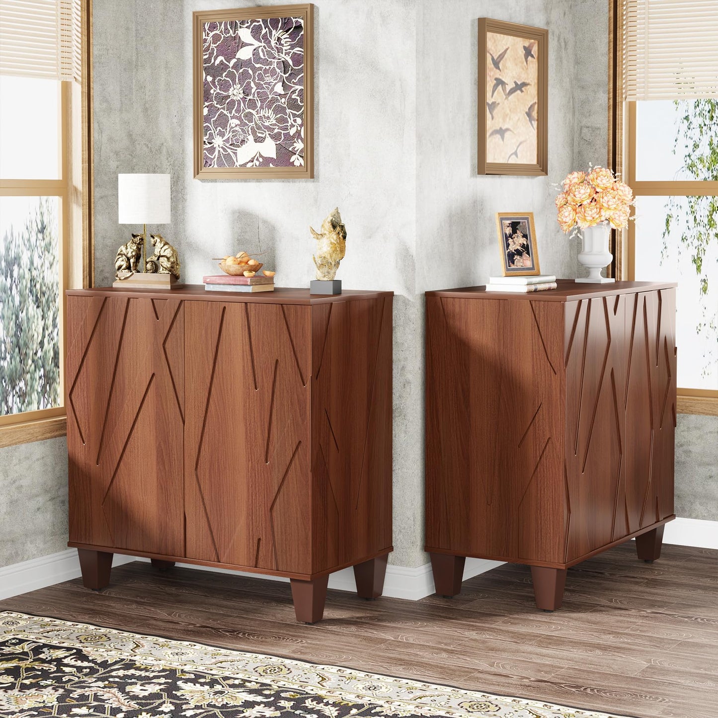 Tribesigns Sideboard Buffet Storage Cabinet Set of 2, Retro Kitchen Sideboard Cabinet with Adjustable Shelves 55" Accent Cabinet with Doors for Living Room, Walnut (Walnut) - WoodArtSupply