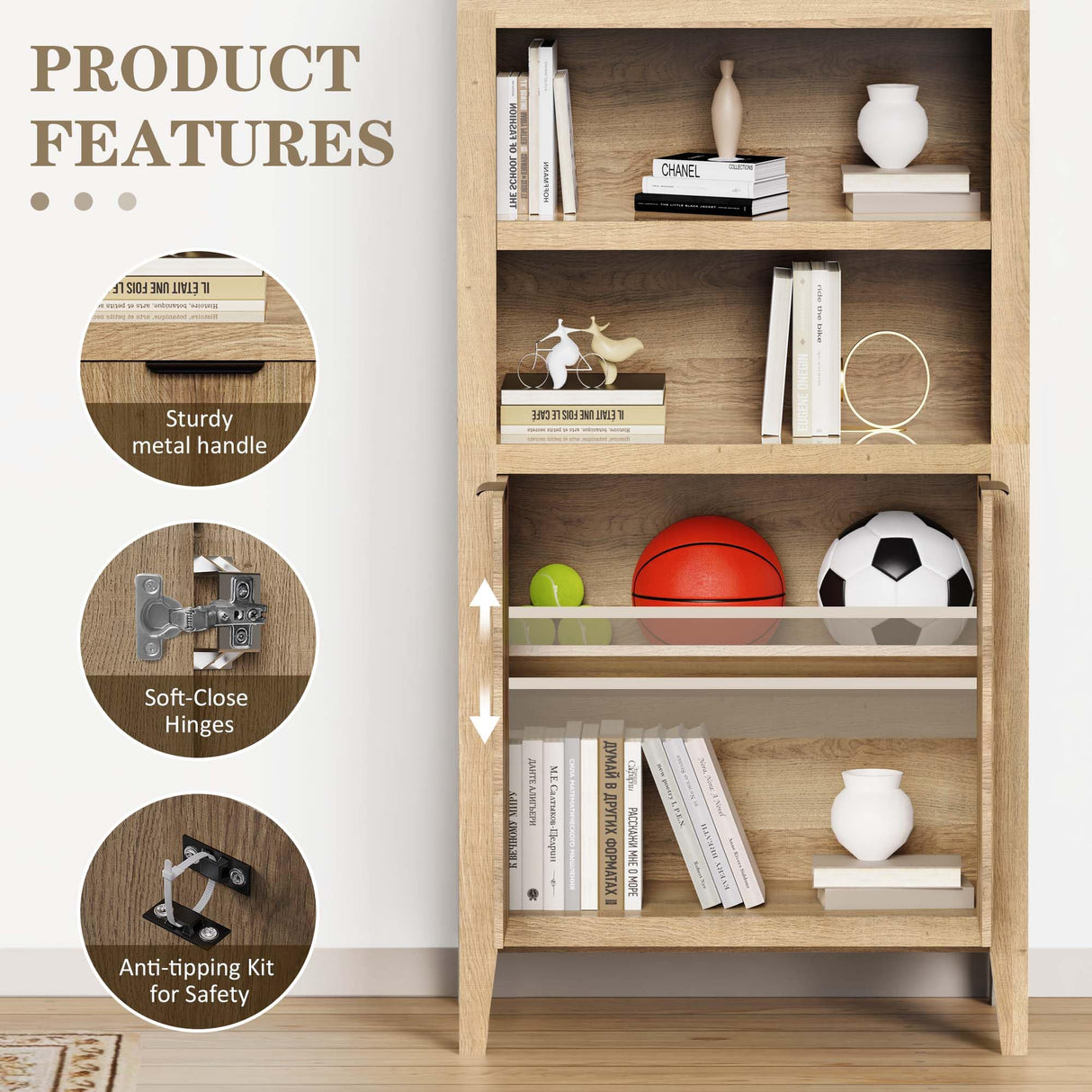 blini Arched Cabinet Bookshelf Arch Bookcase with Doors, Wooden Oak Curved Book Case 5-Tier Tall Round Top Bookshelves for Living Room blini