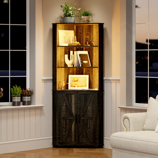 TAGELIER Rustic Brown Corner Cabinet with LED Light and Customisable Storage Solutions - WoodArtSupply