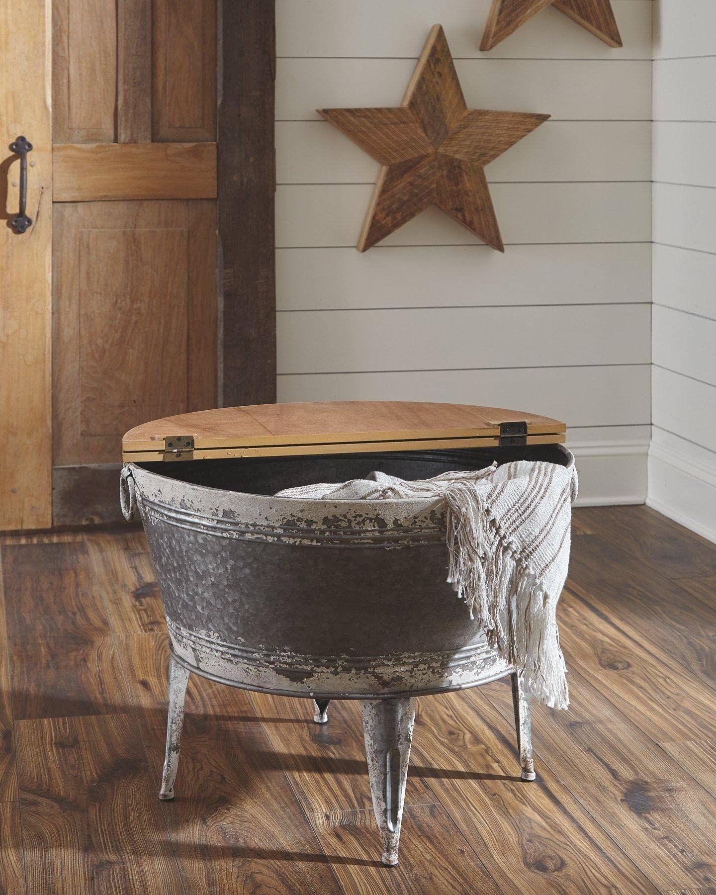 Signature Design by Ashley Shellmond Rustic Distressed Metal Accent Cocktail Table with Lift Top 20", Gray - WoodArtSupply