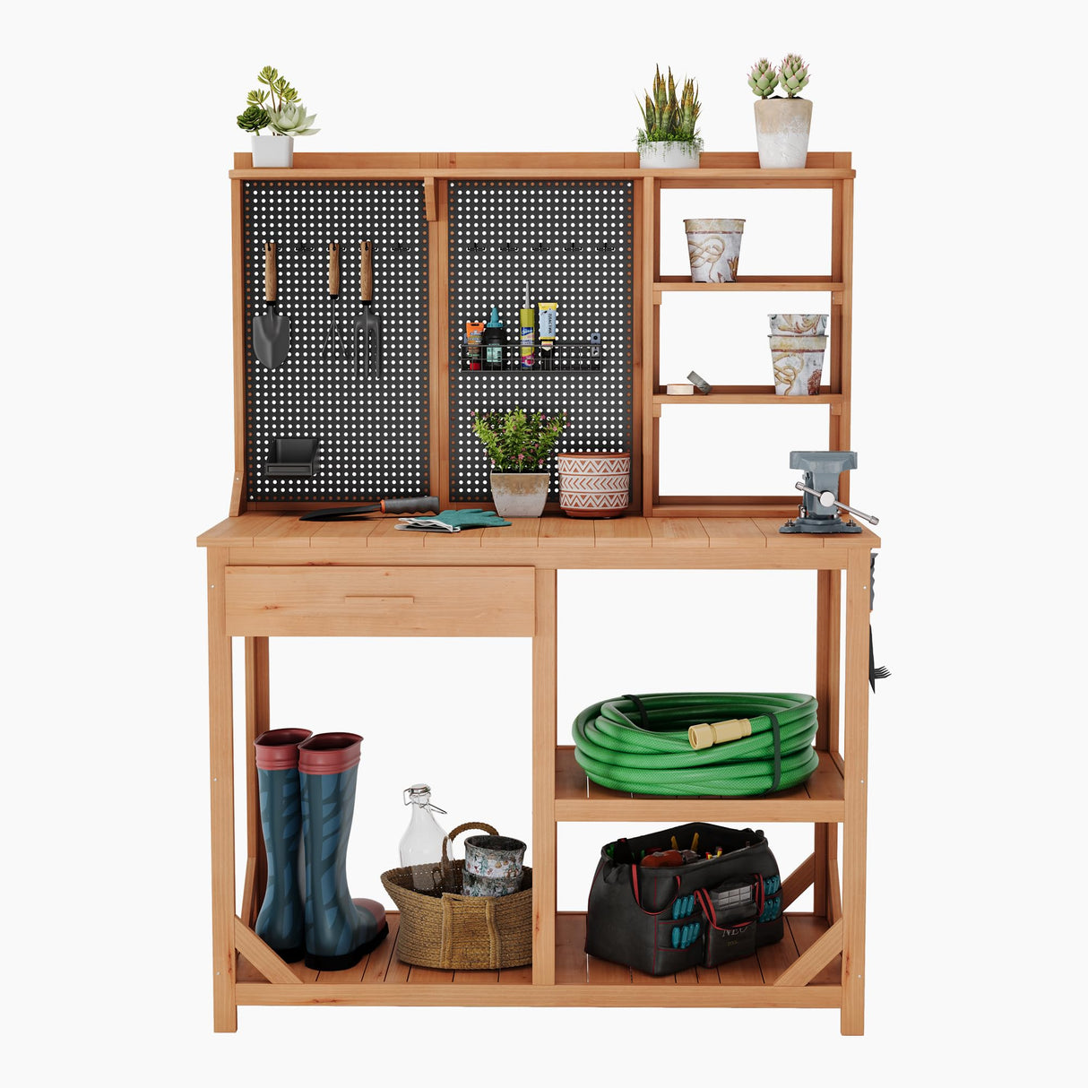Wooden Potting Benches for Outside, Large Garden Potting Table with Drawers, Outdoor Work Bench with Storage, Holey Board and Hooks, Garden Plant Workbench Patio Workstation for Backyard, Natural Hipicute