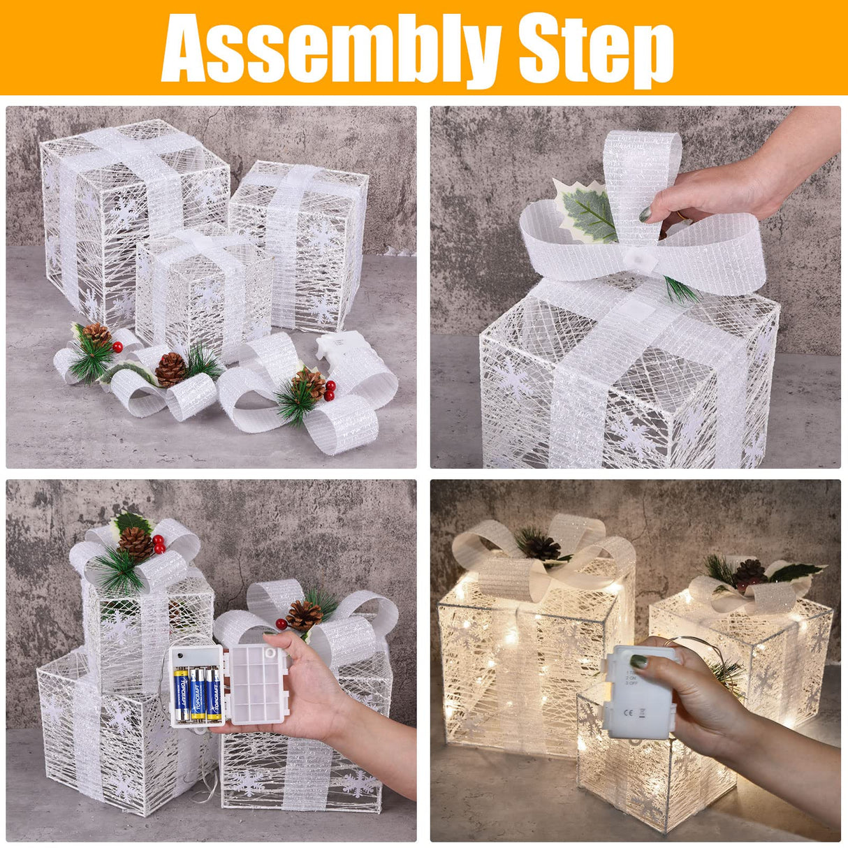 Bstge Christmas Lighted Gift Boxes, Set of 3 Christmas Decorations for Home, Light up Christmas Ornaments, Warm White LED with Bows for Indoor Party Holiday, Christmas Decor(Snow) Bstge