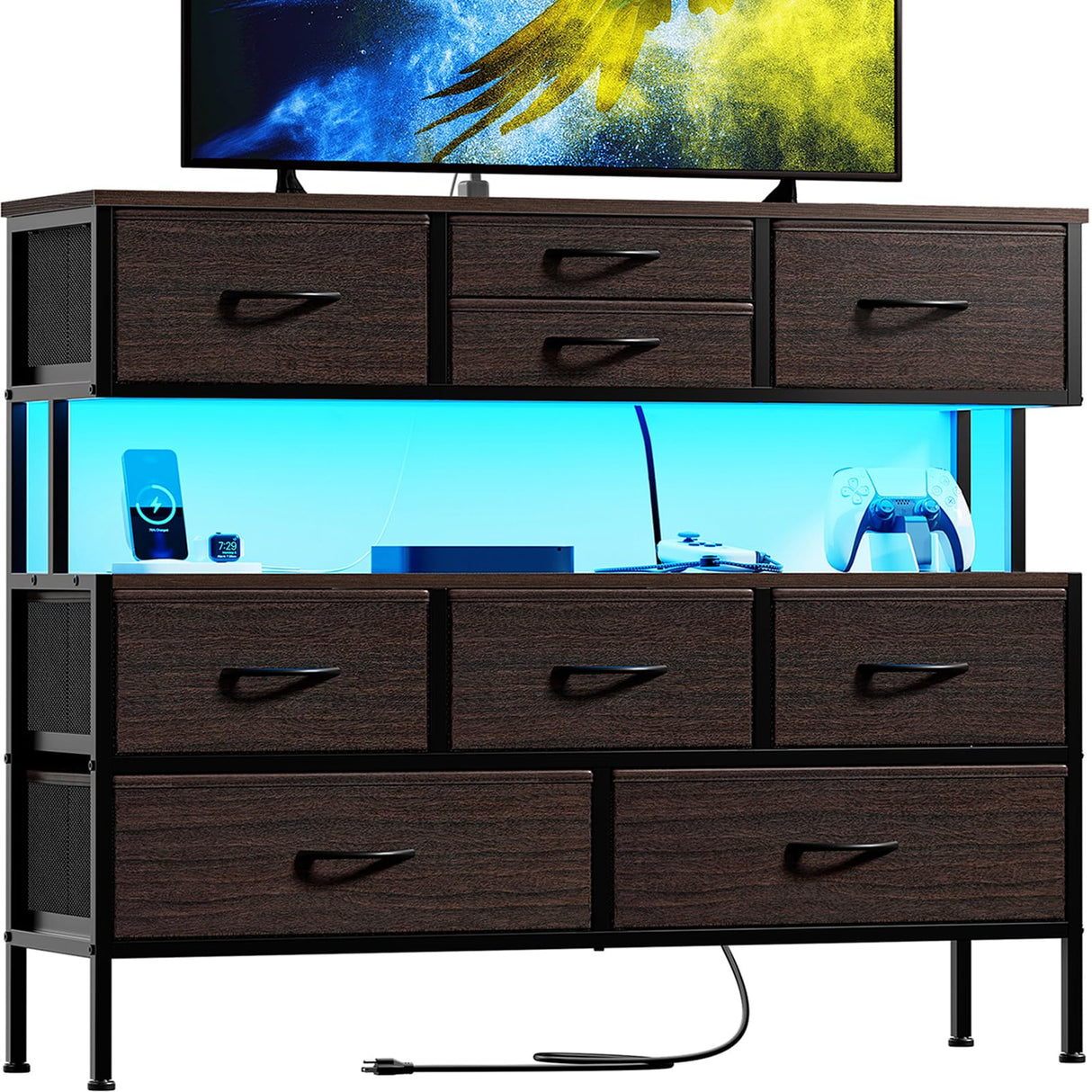 REAHOME Dresser TV Stand with Charging Station and LED Lights, 55” TV Stand with 9 Drawers, Fabric Dresser for Bedroom, Steel Frame, Large Storage Chest of Drawers for Closet, Living Room, Brown REAHOME