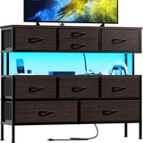 REAHOME Dresser TV Stand with Charging Station and LED Lights, 55” TV Stand with 9 Drawers, Fabric Dresser for Bedroom, Steel Frame, Large Storage Chest of Drawers for Closet, Living Room, Brown REAHOME