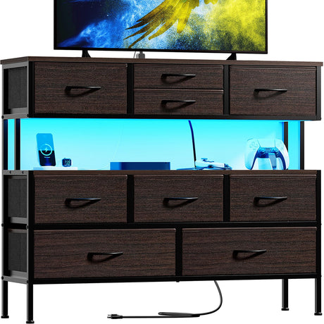 REAHOME Dresser TV Stand with Charging Station and LED Lights, 55” TV Stand with 9 Drawers, Fabric Dresser for Bedroom, Steel Frame, Large Storage Chest of Drawers for Closet, Living Room, Brown REAHOME