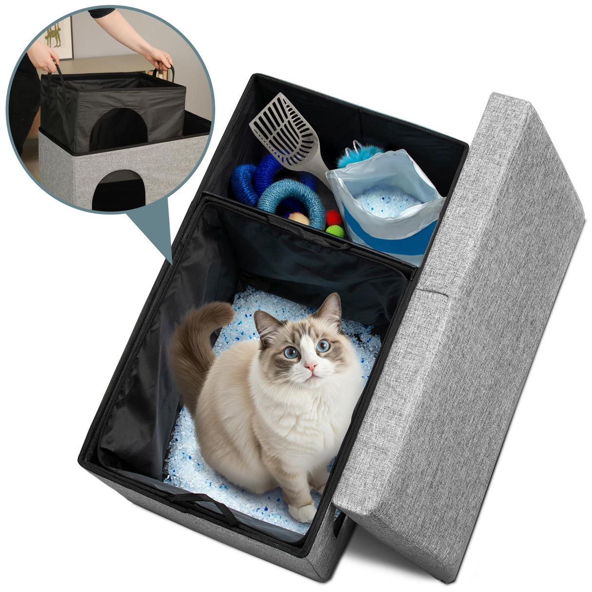 2-in-1 Hidden Cat Litter Box Enclosure – Modern Furniture with Litter Box Included, Odor-Control Tray, Toy Storage, and Waterproof Liner – for All Indoor Cat Breeds PATHOSIO PETS