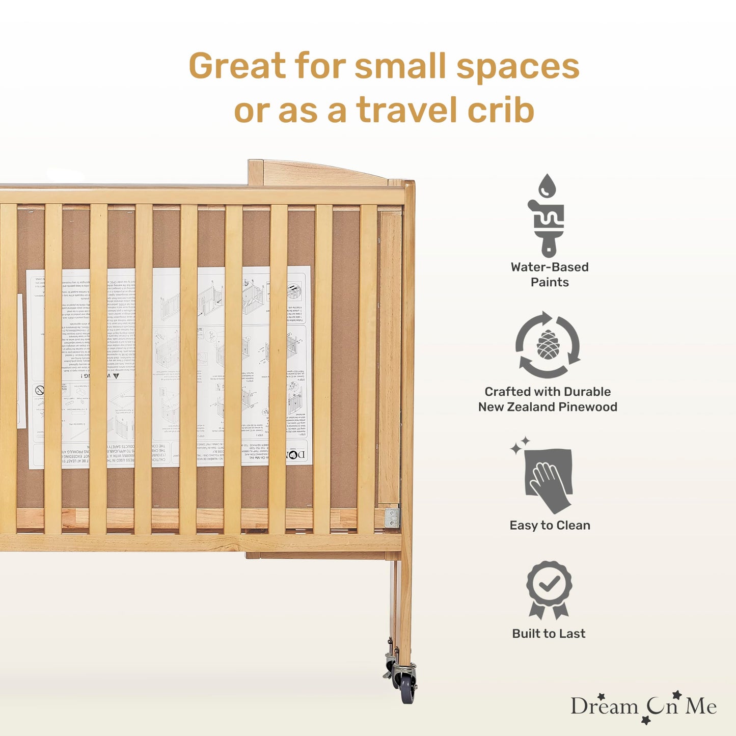 Dream On Me Folding Full Size Convenience Crib In Natural, Two Adjustable Mattress Height Positions, Comes With Heavy Duty Locking Wheels, Flat Folding