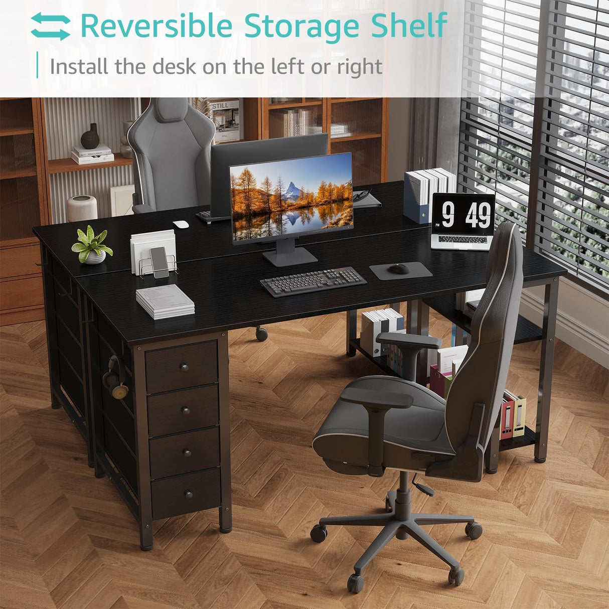 Lufeiya Gaming Desk with 4 Fabric Drawers & Storage Shelves, 63 inch Computer Writing Work Study Desk for Home Office Bedroom, Modern Simple Student PC Desks Table, Black Lufeiya