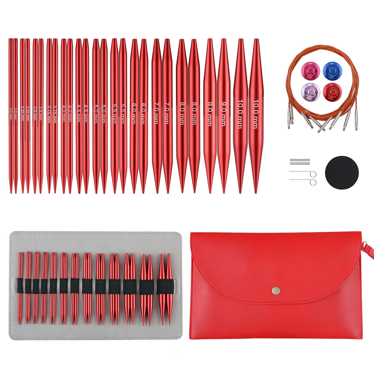 Interchangeable Circular Knitting Needles Set Sizes US 2.5, 3, 4, 5, 6, 7, 8, 9, 10, 10.75, 11, 13, 15 with Cables, Accessories and Case (Rose Red) GUCLUD