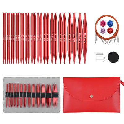 Interchangeable Circular Knitting Needles Set Sizes US 2.5, 3, 4, 5, 6, 7, 8, 9, 10, 10.75, 11, 13, 15 with Cables, Accessories and Case (Rose Red)