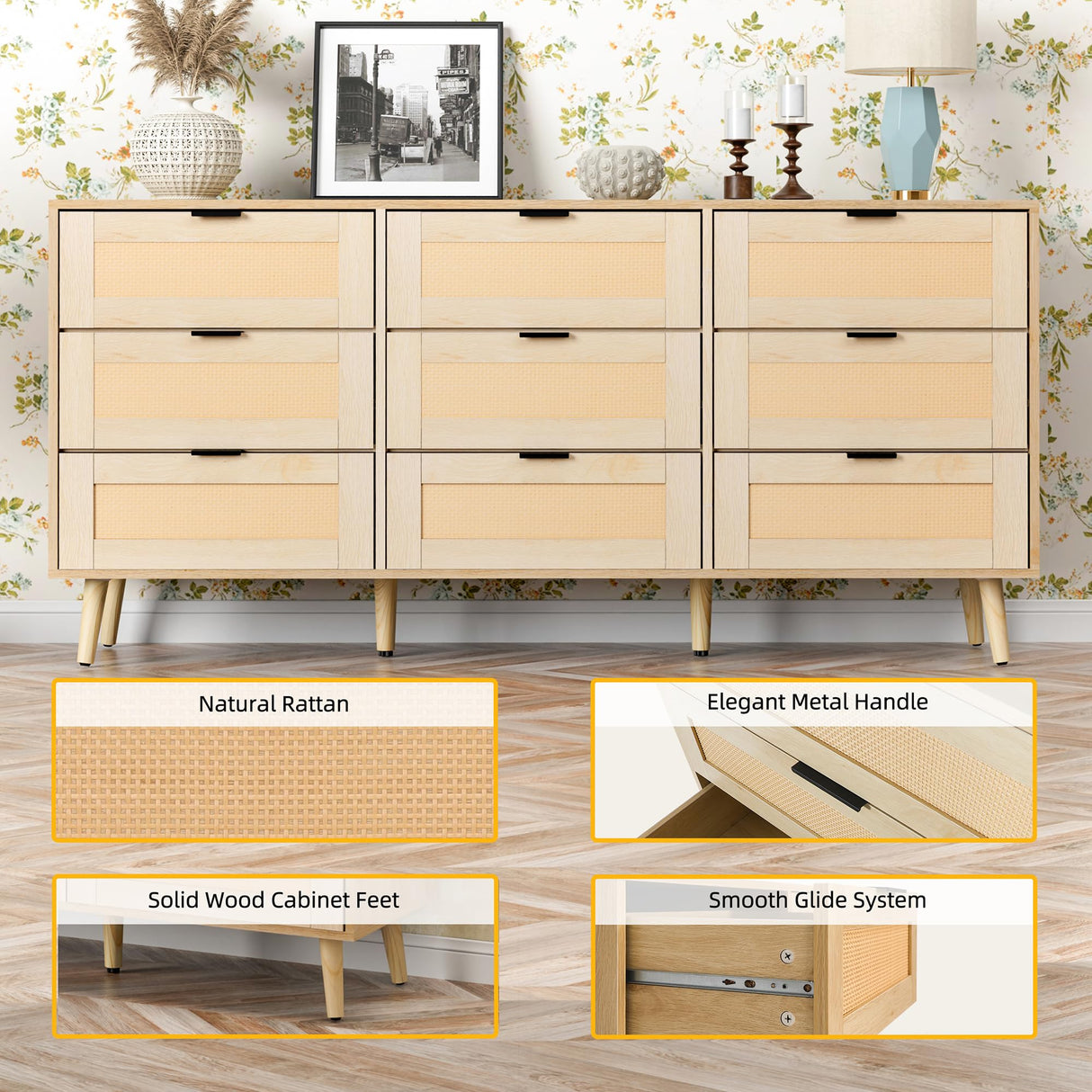 Anbuy 9 Drawer Dresser and Night stand Sets for Bedroom, One Drawer Nightstands Set of 2 & 9 Drawer Dresser Combo 3 Pieces (Natural) Anbuy