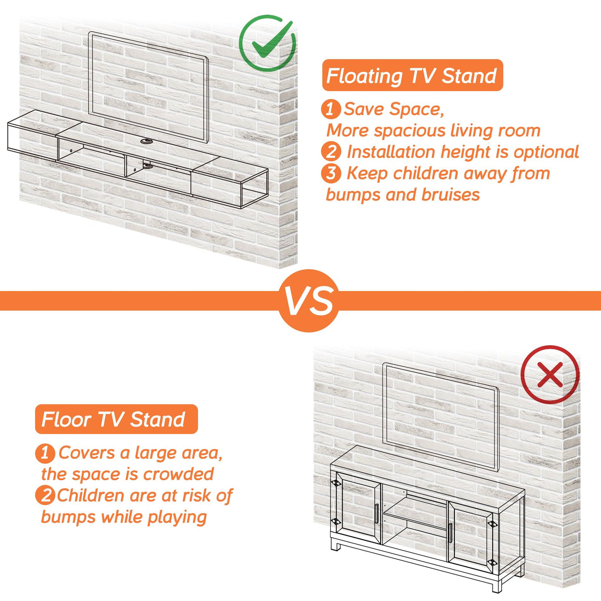 WAMPAT 70 inch Black Floating TV Stand, Entertainement Center Wall Mount for 75 inch TV, Media Console for Under TV with Storage for Living Room WAMPAT