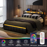 Bestier Queen Bed Frame with Hidden Storage Headboard and LED Lighting, Black PU Leather, Platform Design with Dustproof Drawers and Charging Station Bestier