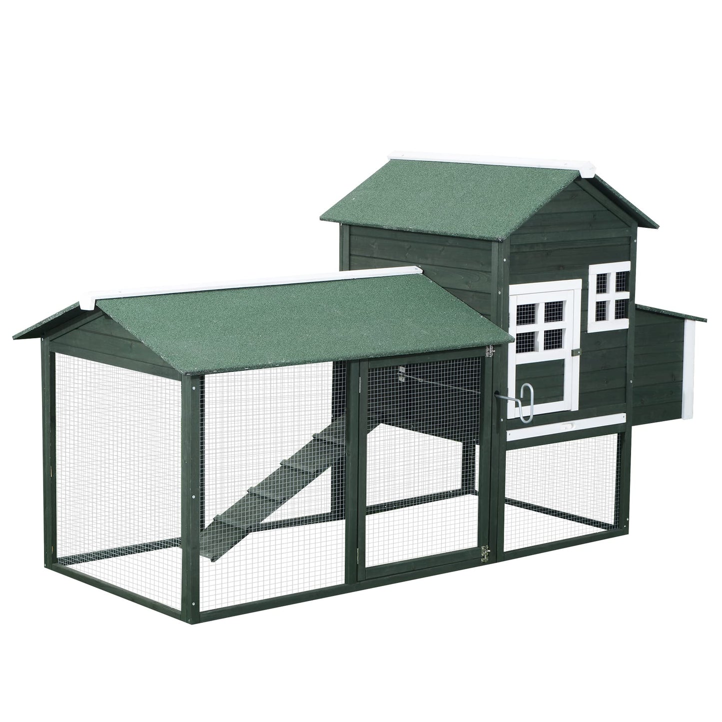 PawHut 84" Wooden Chicken Coop, Hen House Outdoor with Run Nesting Box, Asphalt Roof, Removable Tray, Ramp, Poultry Cage for 2-3 Chickens, Green - WoodArtSupply