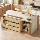 90.6"W Stationary Kitchen Island with Double-layer Countertop, Kitchen Island Storage Cabinet with Adjustable Shelves & 6 Drawers, Island table with Pull Out Spice Rack for kitchen , Dining Room UKAOCAI