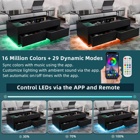 HOMMPA Lift Top Coffee Table with Hidden Storage LED Coffee Table Morden High Gloss Black Living Room 3 Tiers Modern Tea Table with Storage Center Tables Hidden Compartment & 2 Drawers HOMMPA