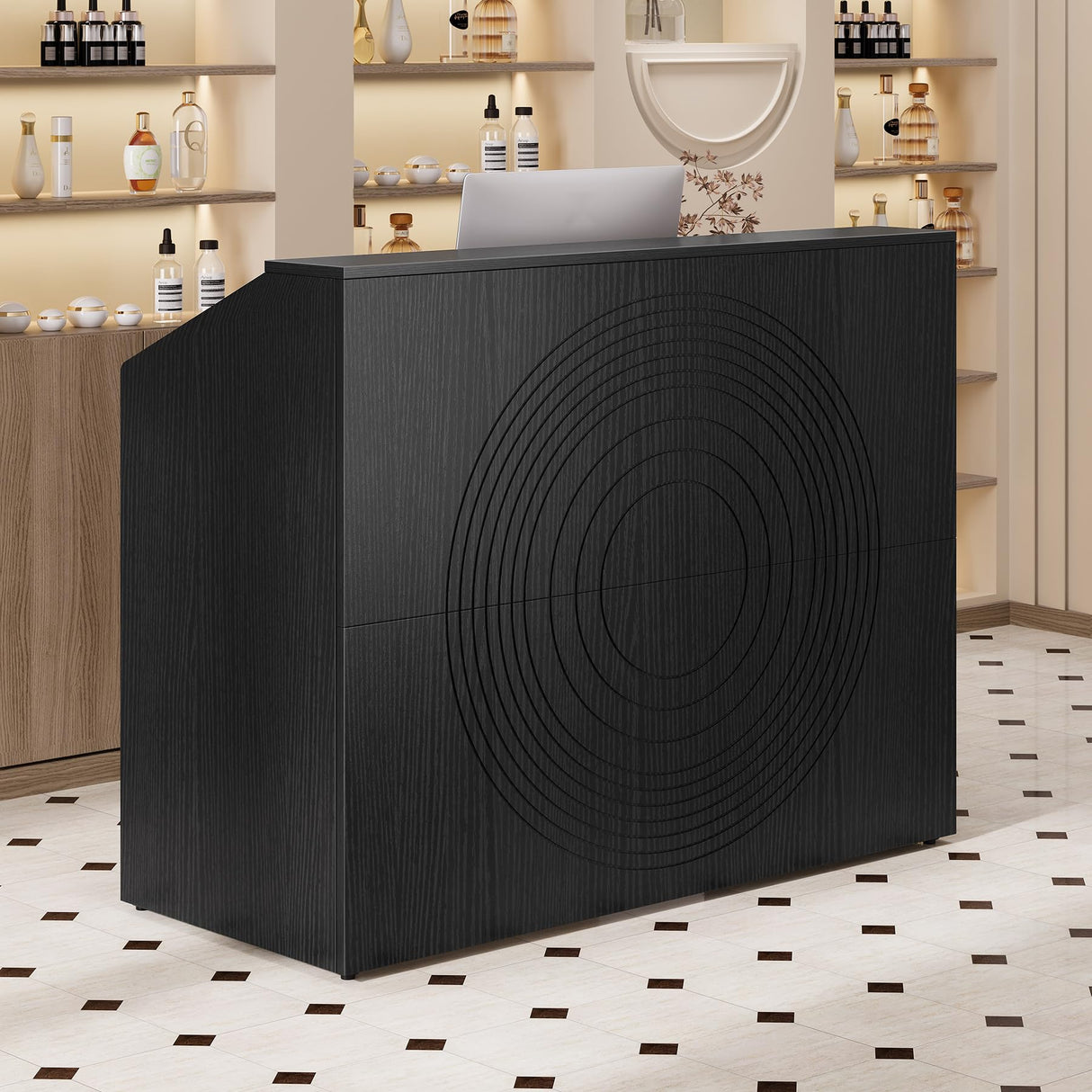 LITTLE TREE 47-Inch Reception Desk with Counter, Black Front Desk Reception Room Table, Retail Counter for Checkout, Modern Welcome Desk for Lobby, Office, Beauty Salon LITTLE TREE